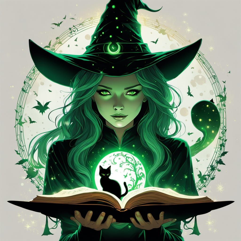 Modern Witch With Glowing Dress and Spellbook