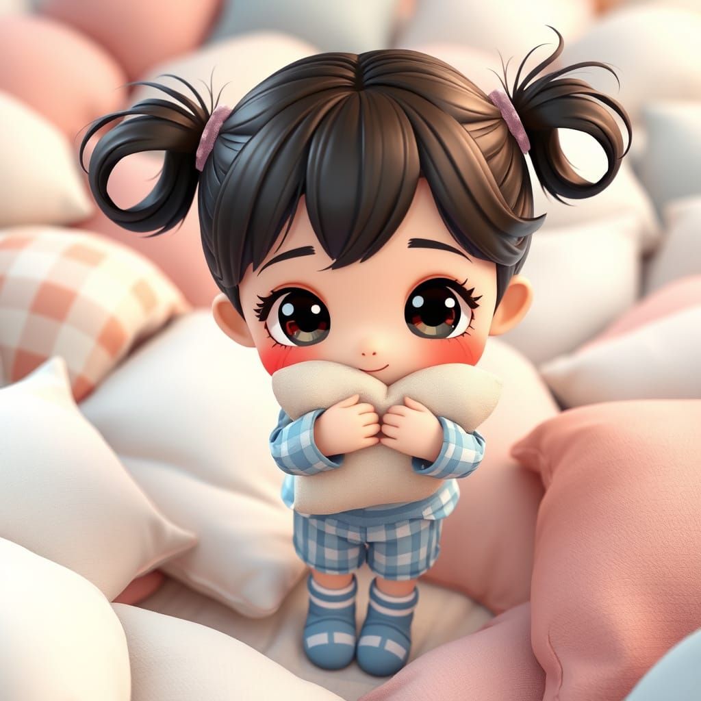 Adorable Chibi Girl Among Pillows in Cozy Cartoon Style