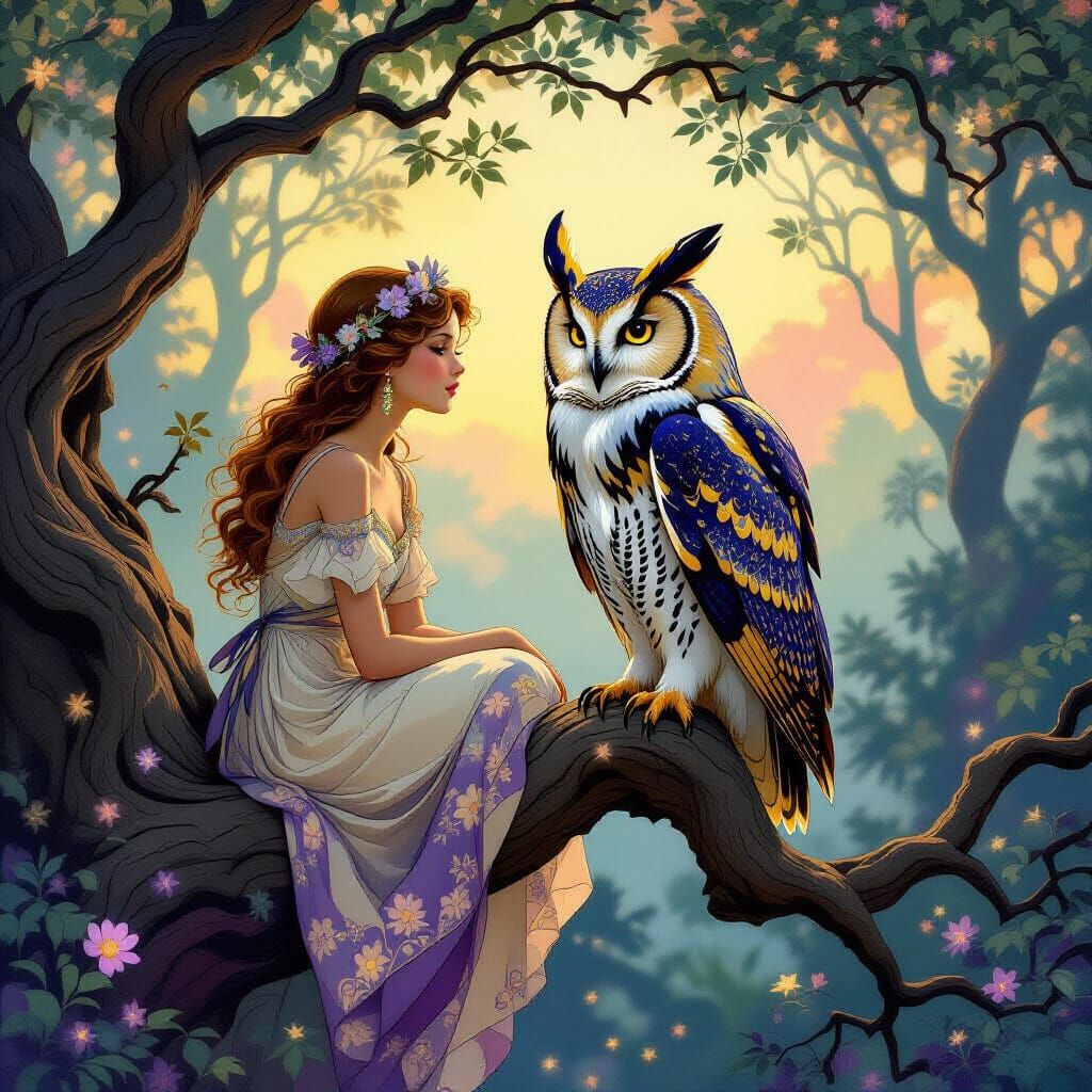 Jugendstil Girl & Nebula Owl in Enchanted Forest
