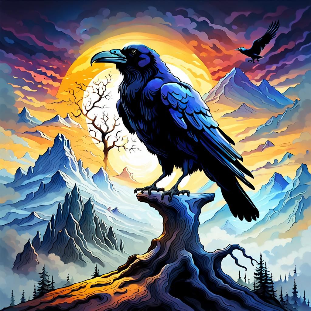 Surreal Raven Logo with Mountain in Dreamlike Style