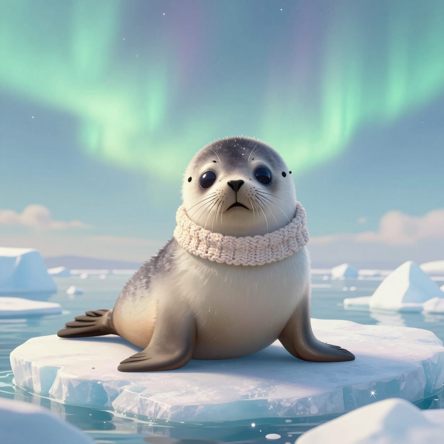 Fluffy Baby Seal Under Aurora Borealis