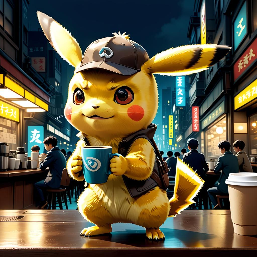 Detective Pikachu Drinks Coffee in Anime Style