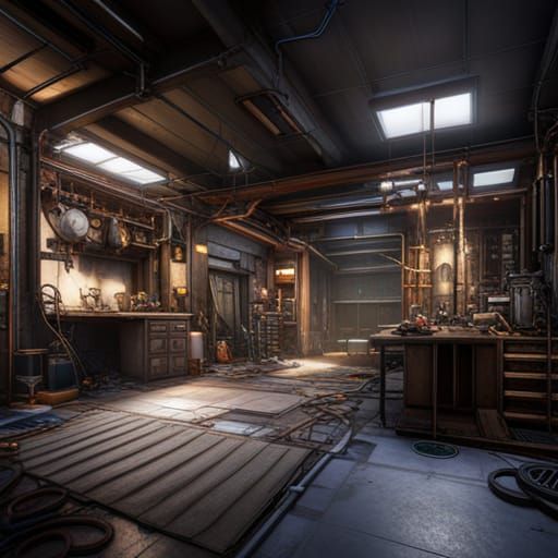 Detailed Workshop with Boilers in Matte Painting Style