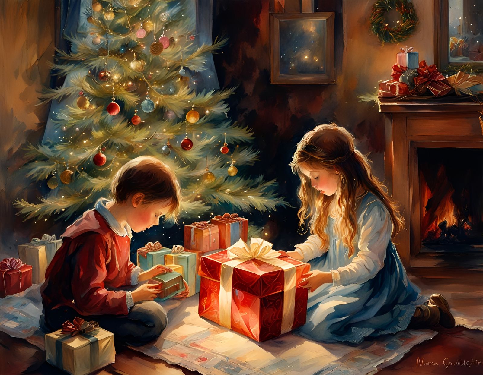 Children Opening Gifts as Watercolor Folk Art