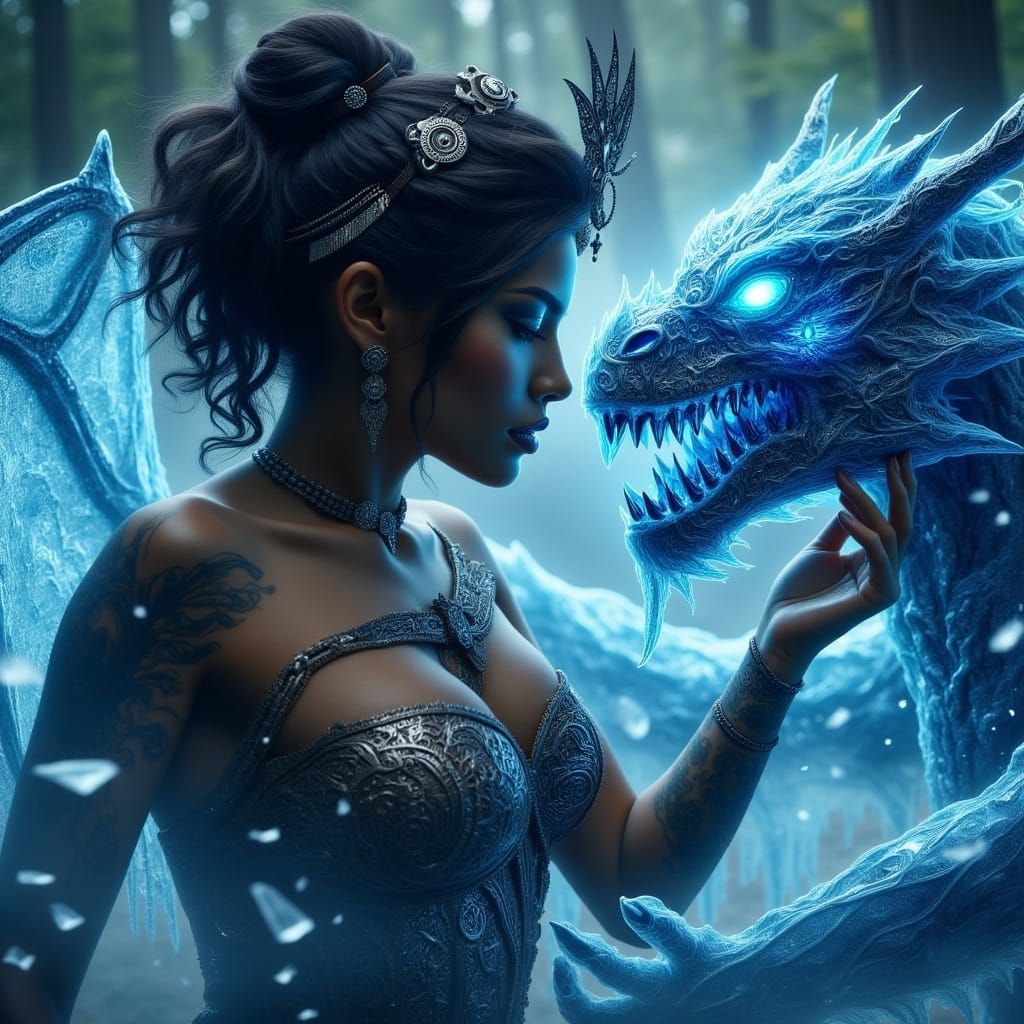 Amazonian Woman Battles Ice Dragon: Cinematic Still