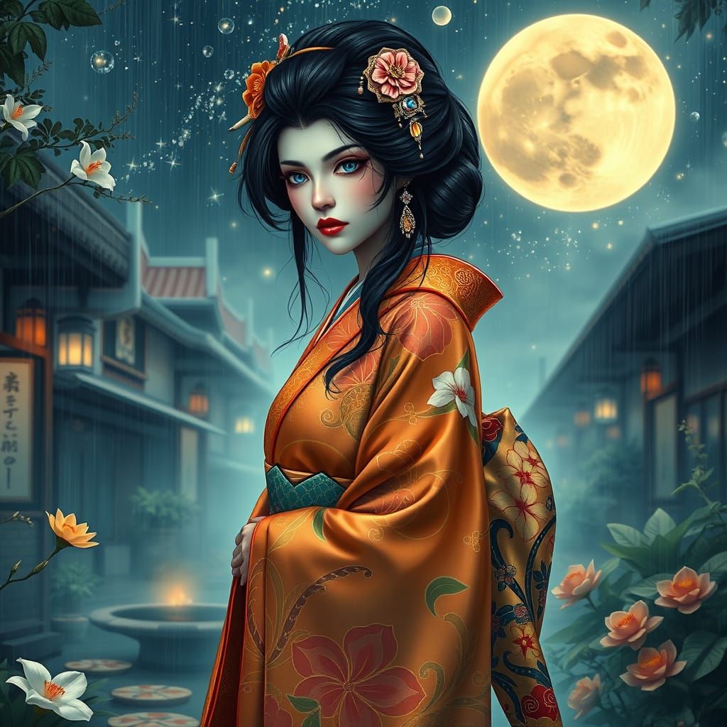 Mystical Geisha in Celestial Kimono, Surrounded by Rainy Str...