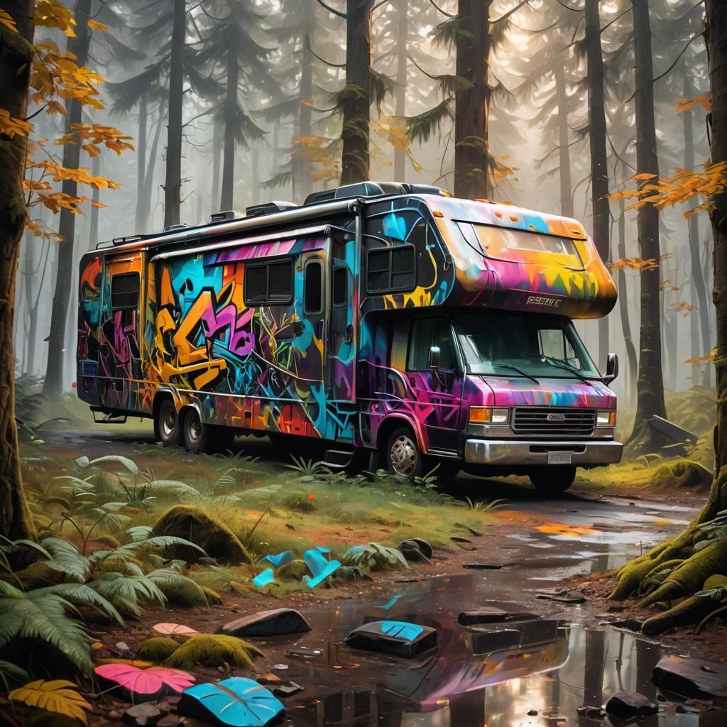 RV Graffiti Art in Misty Forest