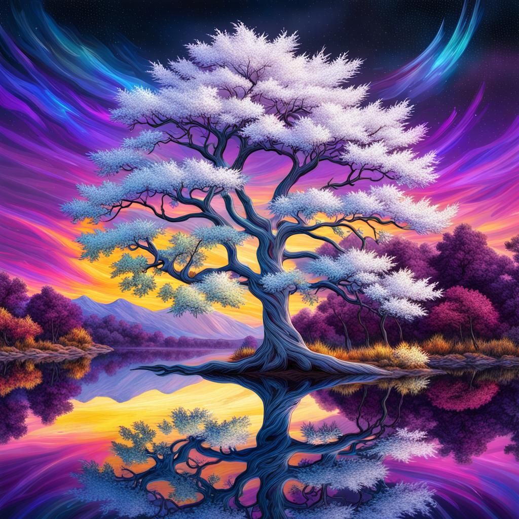 White Tree with Colorful Leaves, Astral Illustration
