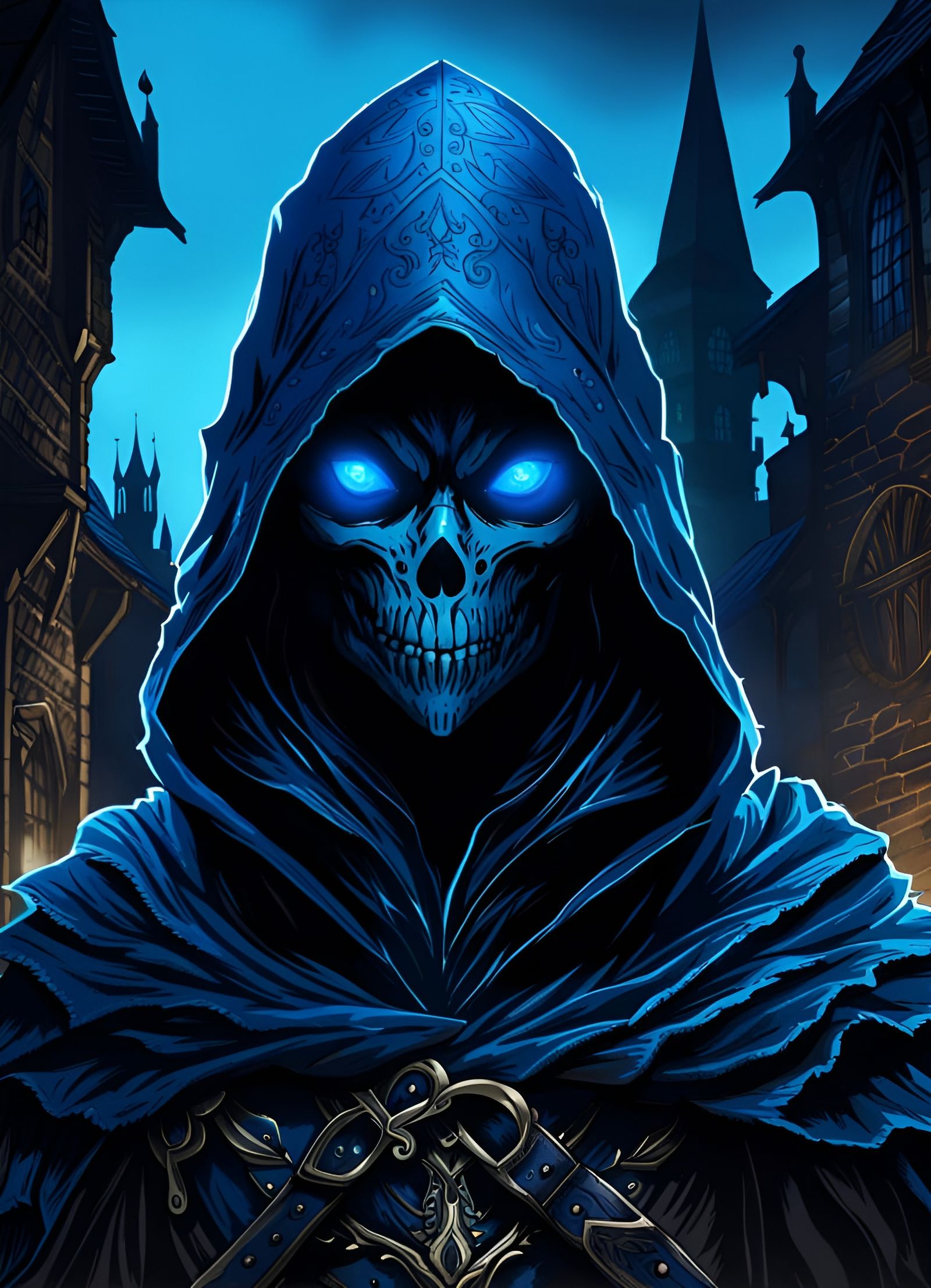 Hooded Undead with Glowing Eyes in Medieval Town