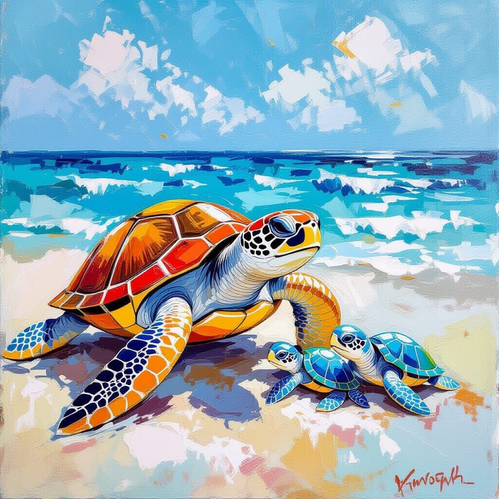Sea Turtle and Babies in Impasto Painting Style