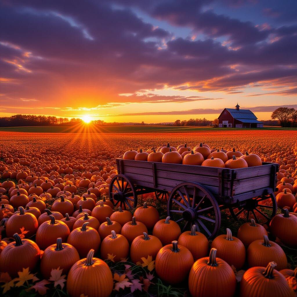 Vast Pumpkin Field at Sunset with Farm Wagon
