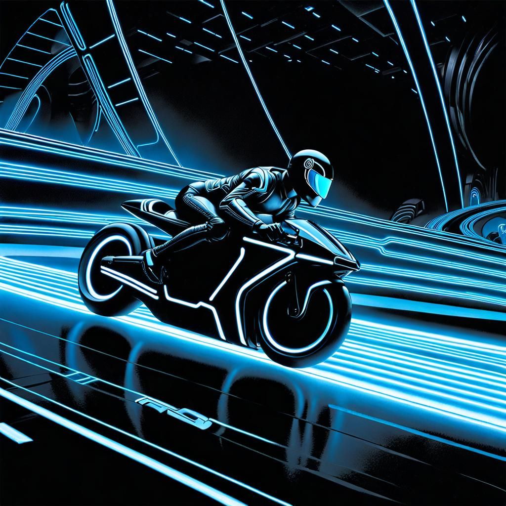 Tron Light Cycle in Black Light Art Style