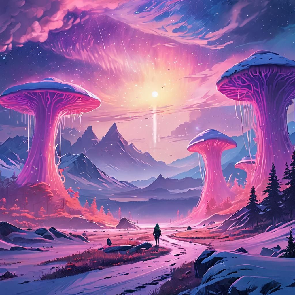 Luminescent Mushrooms Under Aurora Borealis