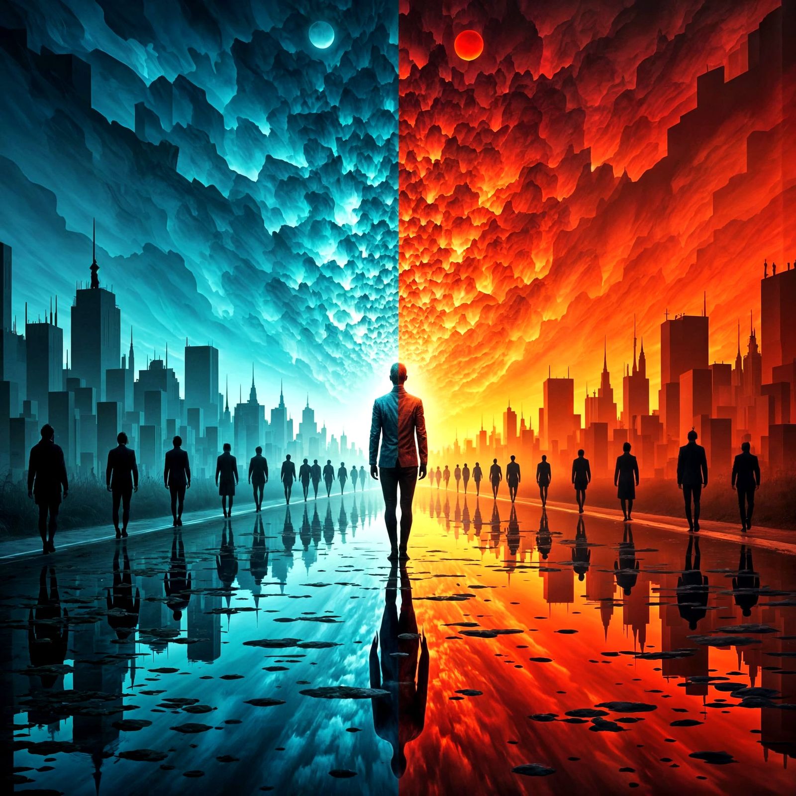 Surreal Figure Walks Between Calm Blue and Fiery Red Worlds