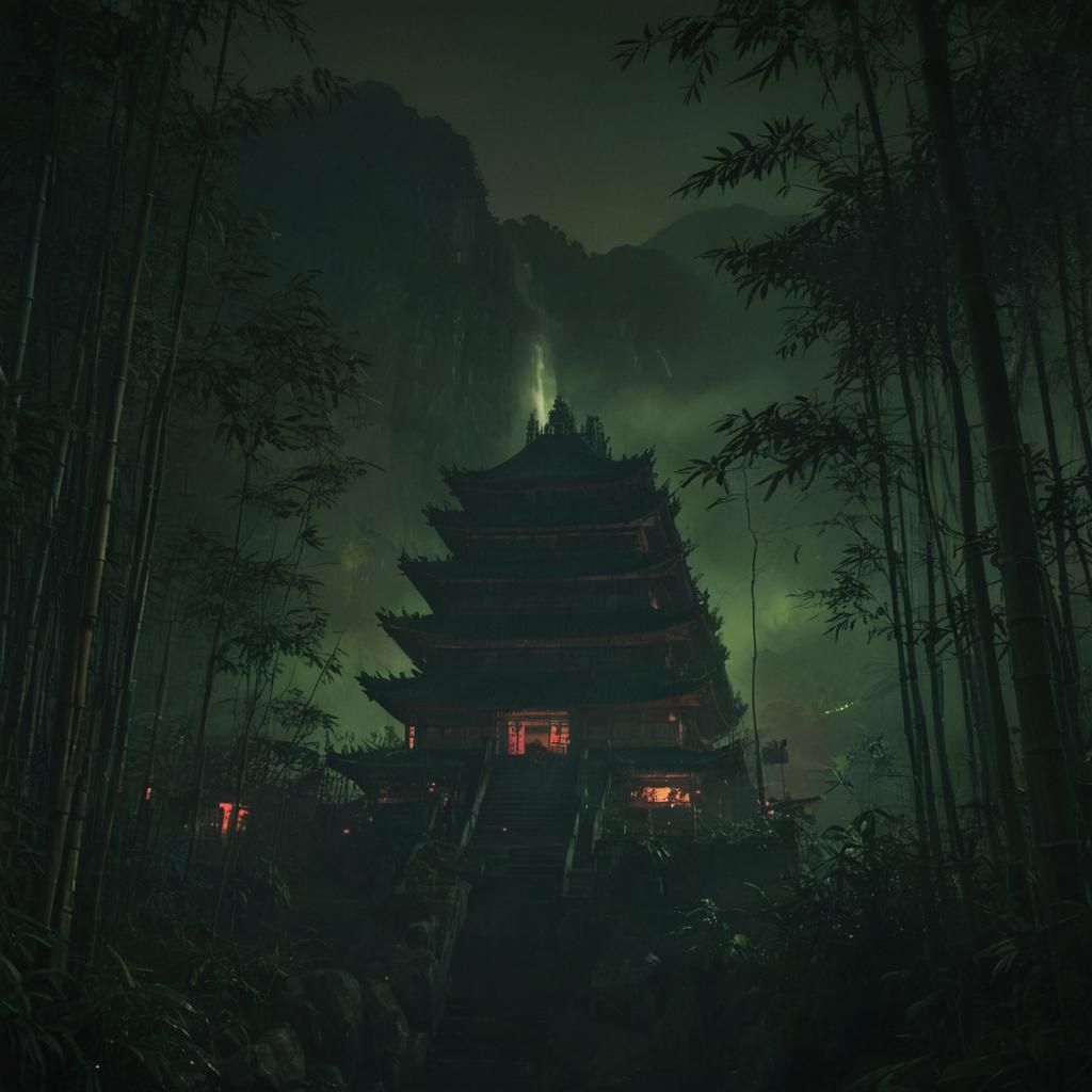 Nighttime Bamboo Forest Temple in Cinematic Style