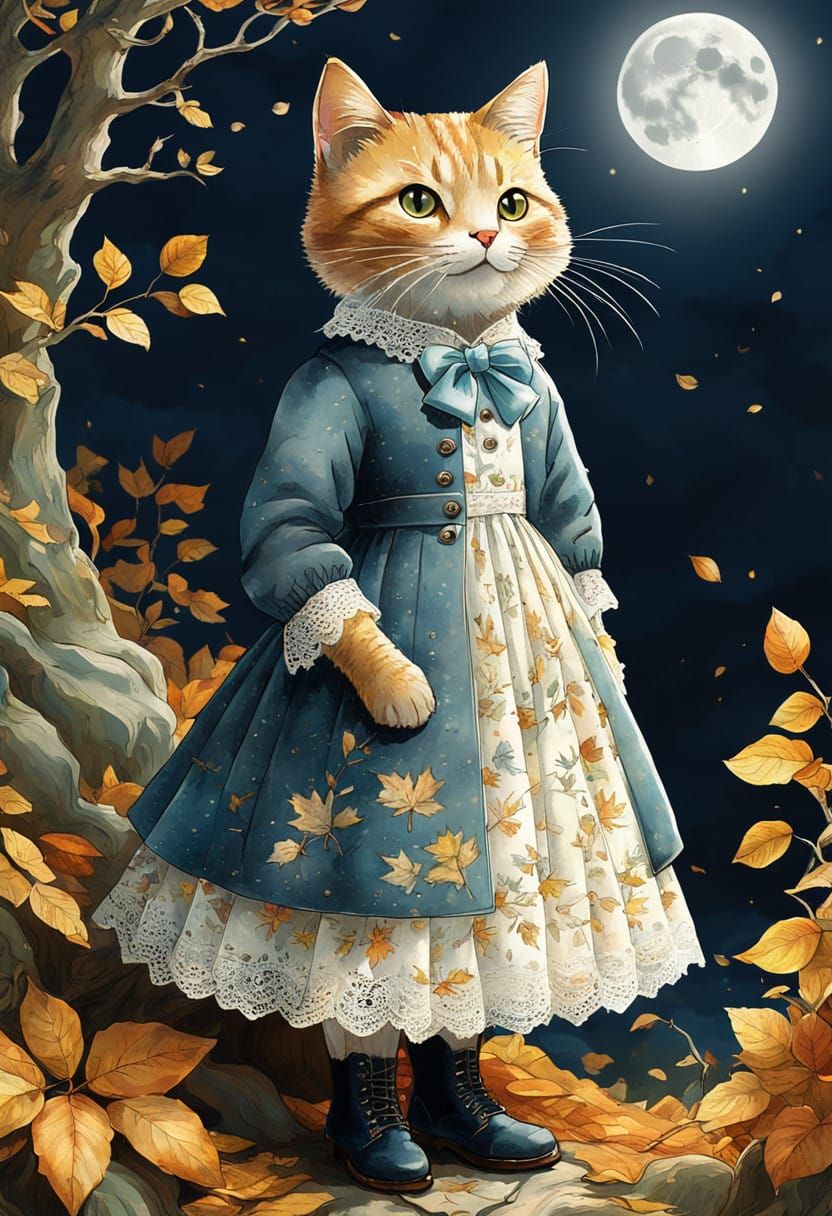 Ethereal Cat in Autumn Attire Under Full Moon