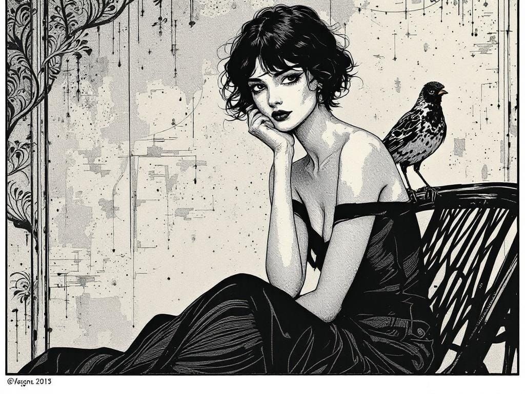 Woman with Bird in Art Nouveau Style