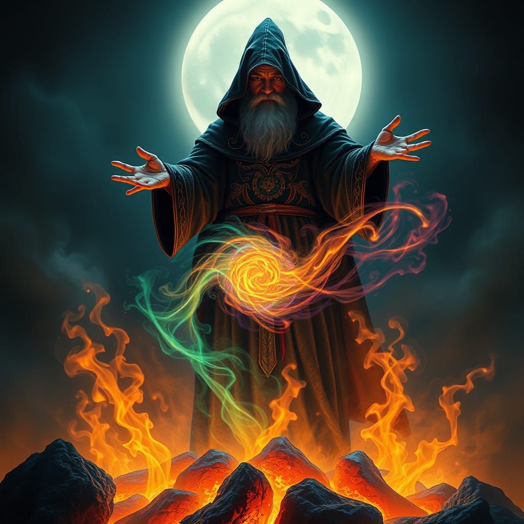 Wizard Casting Spell with Vibrant Energy, Fantasy Art