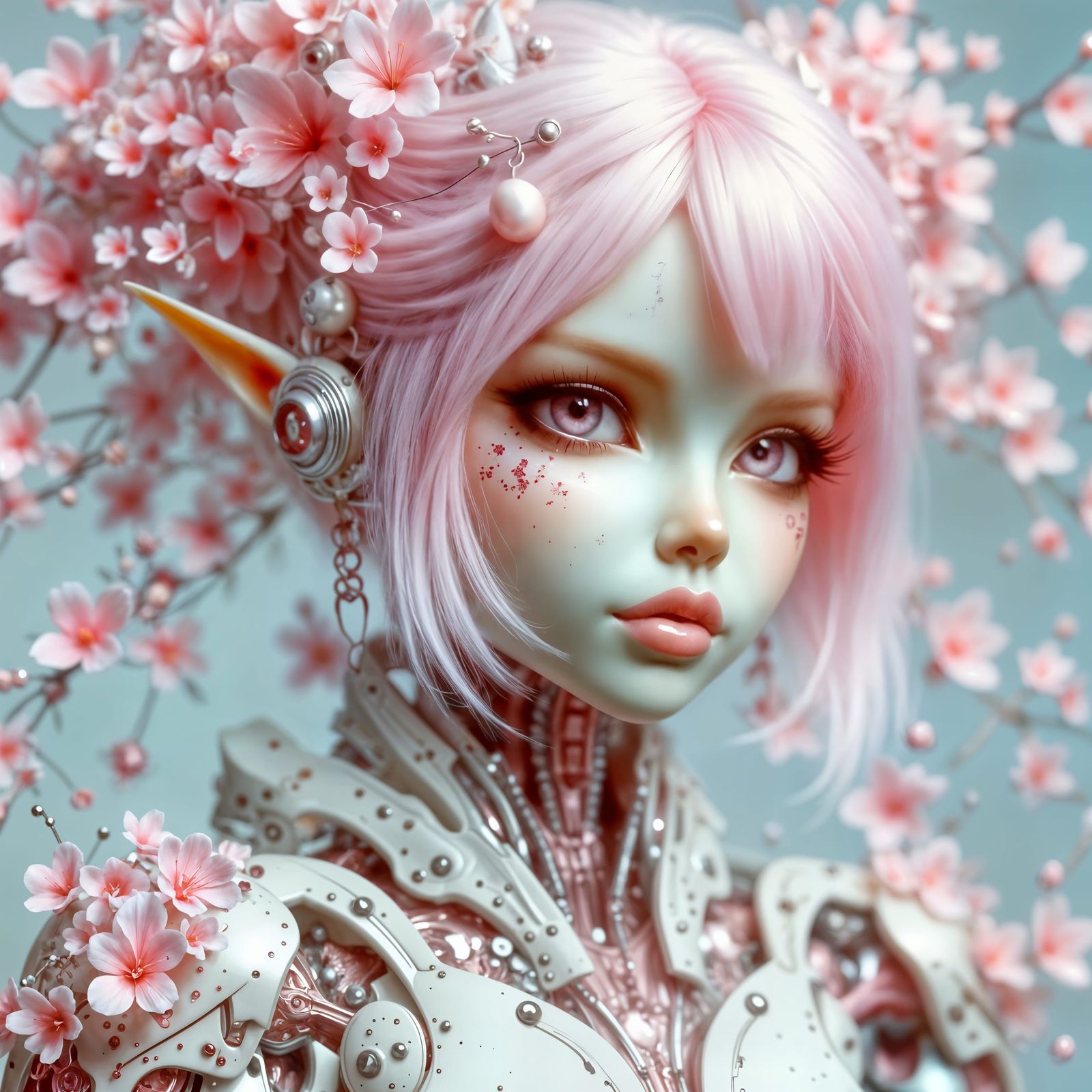 Cyber Doll with Floral Armor and Biomechanical Vines