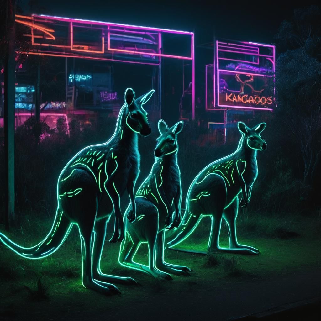 Kangaroos Illuminated by Neon Lights at Night