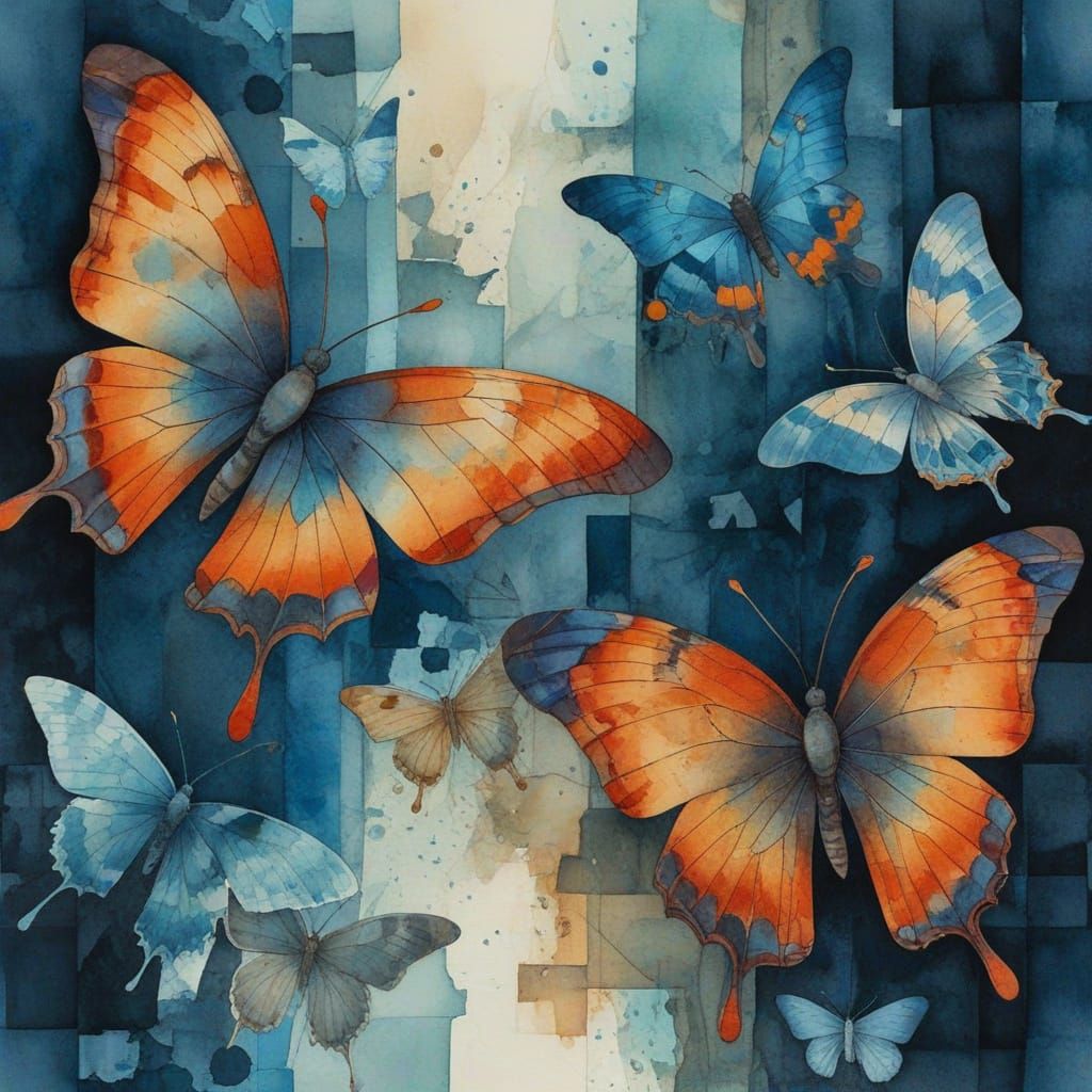 Abstract Butterflies in Cubist Brutalist Style