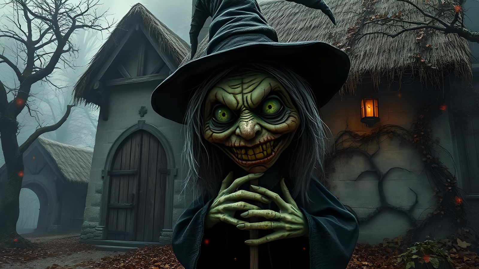 Creepy Apple Witch Doll in Eerie Autumn Landscape