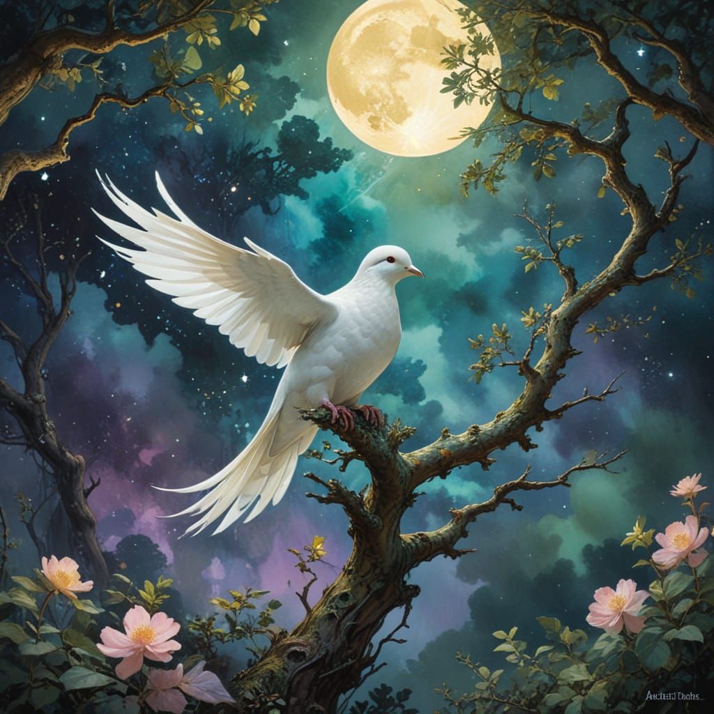 Ethereal Watercolor Painting of Dove on Tree Branch Under St...