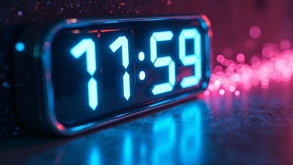 Futuristic Digital Clock Dissolving in Neon Starry Sky