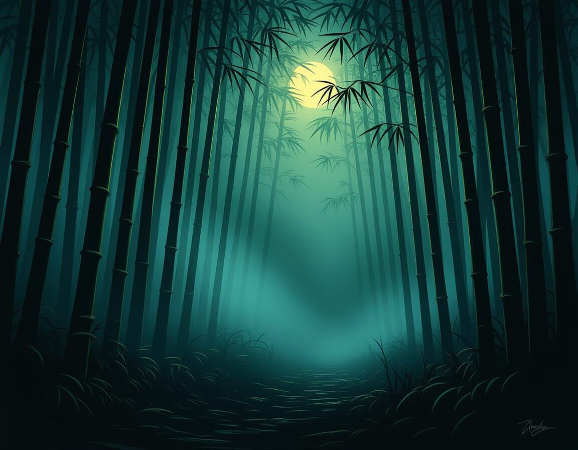 Eerie Bamboo Forest at Night in Dark Atmospheric Style