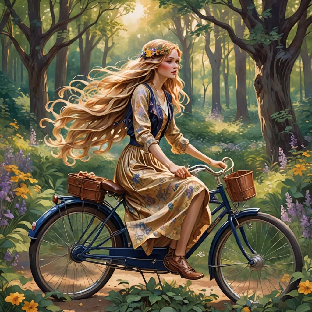 Girl on Bicycle in Forest, Anime Style