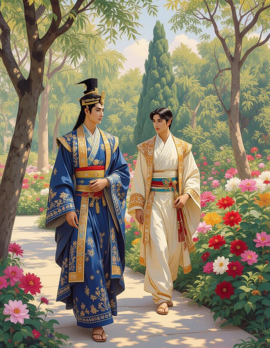 Regal Asian Prince in Palace Garden, Classical Style