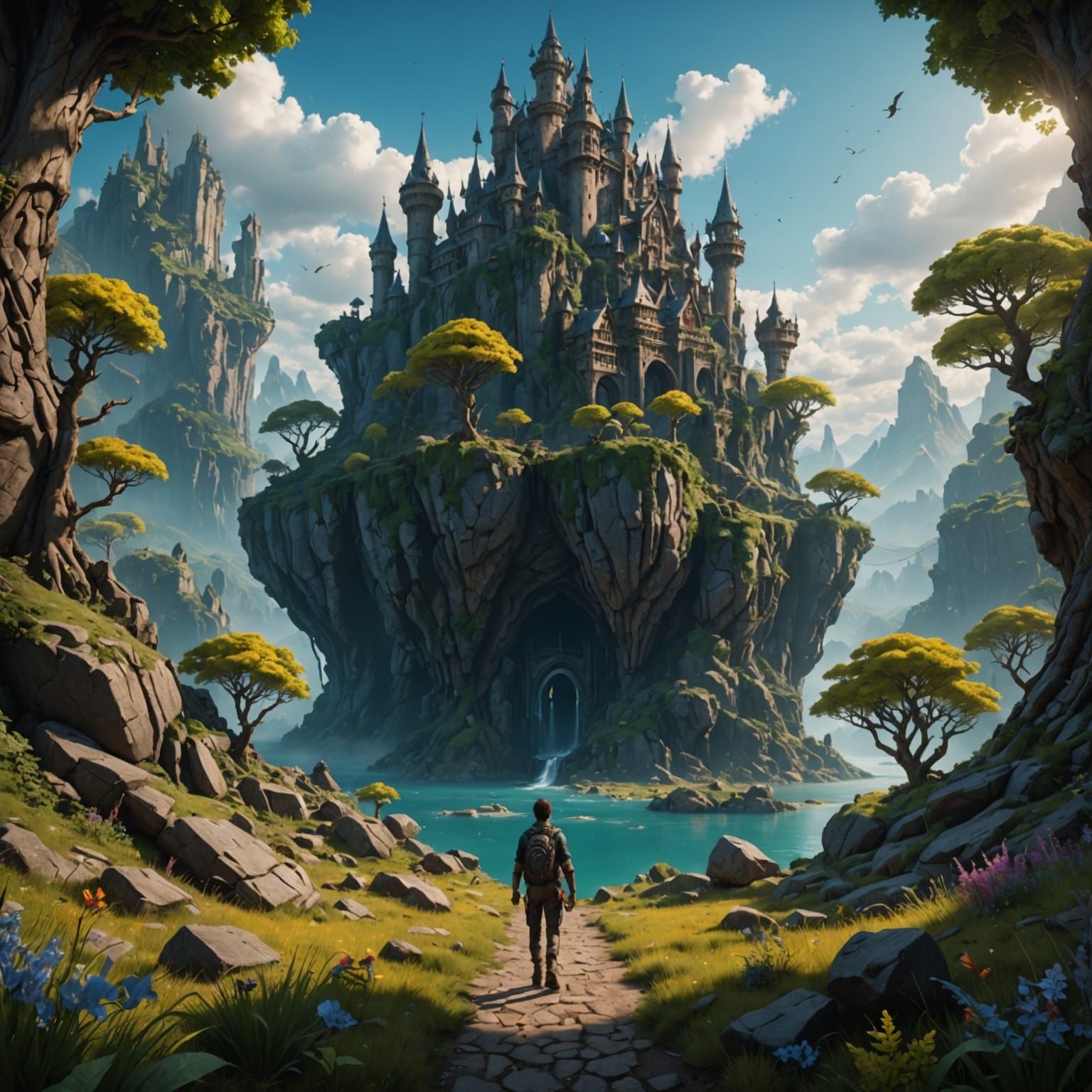 A Tiny Human Amidst an Epic Fantasy Landscape