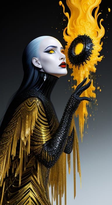 Yellow Volcano Calligraphy in Retro-Futuristic Style