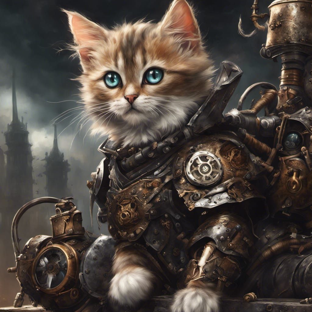 Steampunk Kitten in Battle Armor: Dark Fantasy Art