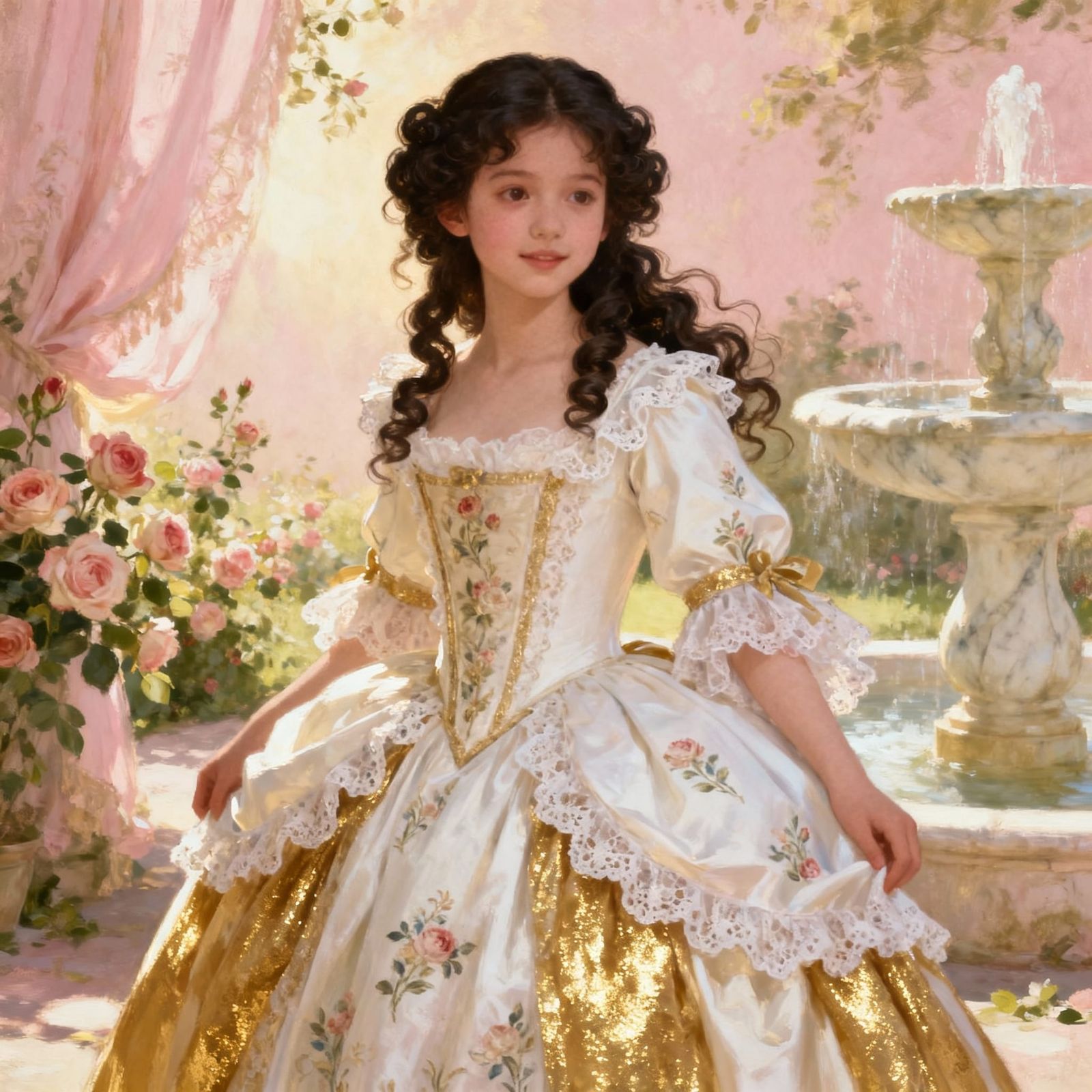 Elegant 18th Century Woman in White and Gold Gown