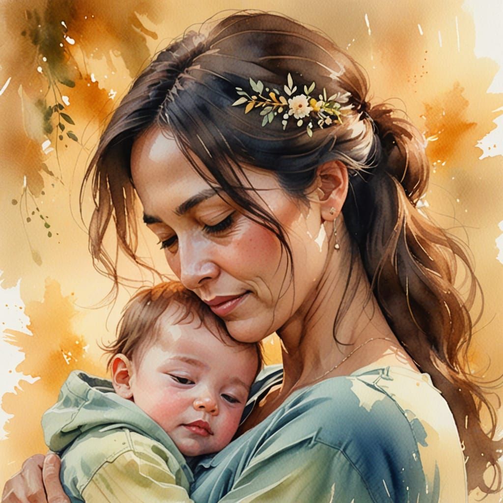 Mother and Child Portrait in Watercolor Style