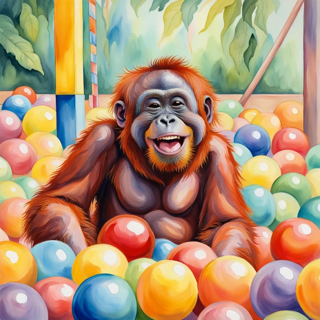 Orangutan's Joyful Laugh in Ball Pit: Watercolor and Oil