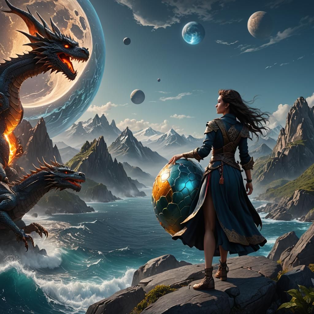 Woman, Dragon Egg, and Fallen Moon: Fantasy Art
