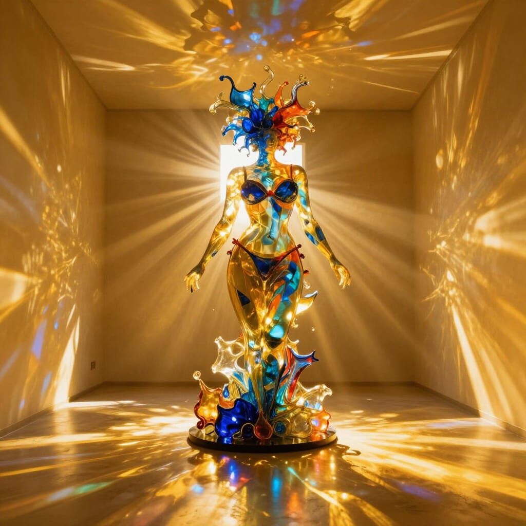 Abstract Dichroic Glass Sculpture Beside Ethereal Queen