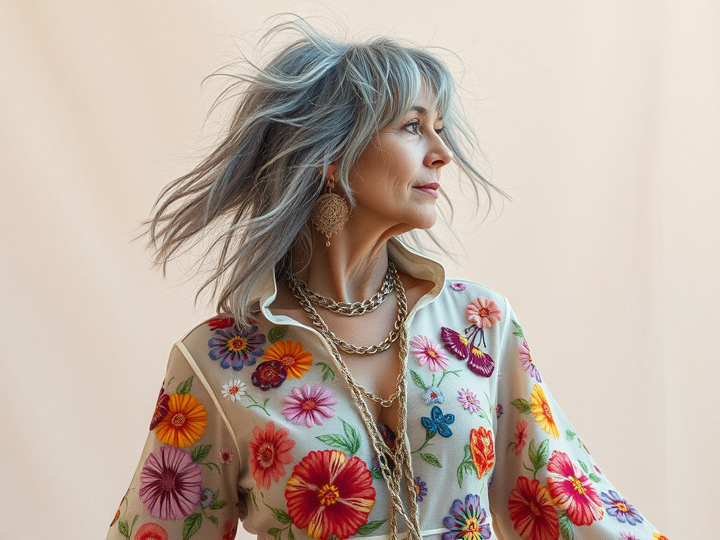 Hippy Woman in Floral Embroidery, Ethereal Art