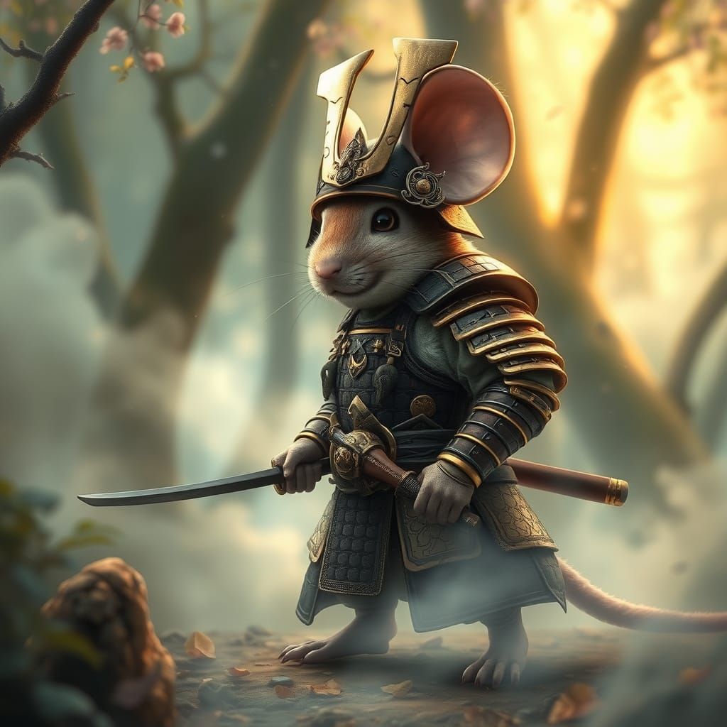 Samurai Mouse in Mystical Forest, Ethereal Art