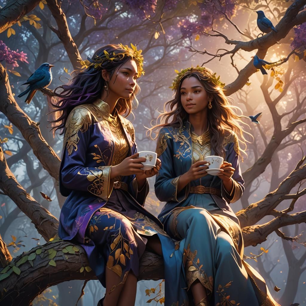 Girls in Fantasy Art, Birds Flying in Golden Hour