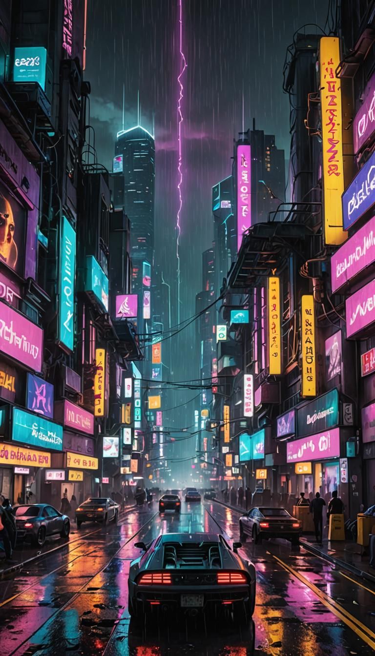 Cyberpunk Cityscape at Night with Flying Vehicles