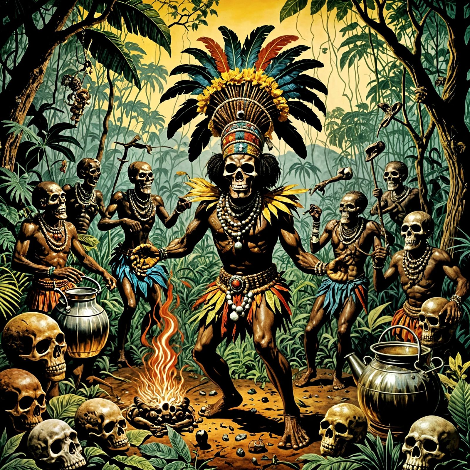 cannibal with a bone in his nose carousing around a kettle f...