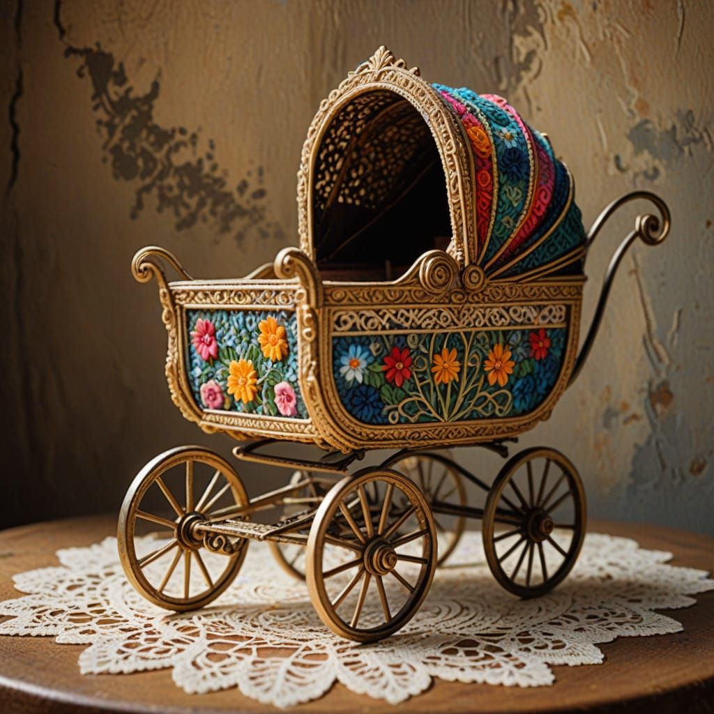 Whimsical Baby Carriage in Intricately Woven Matzo Oil Paint...