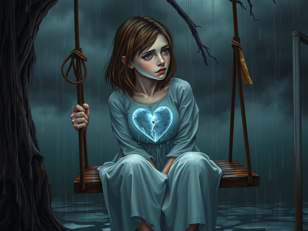 Heartbroken Woman on a Rain-Soaked Swing