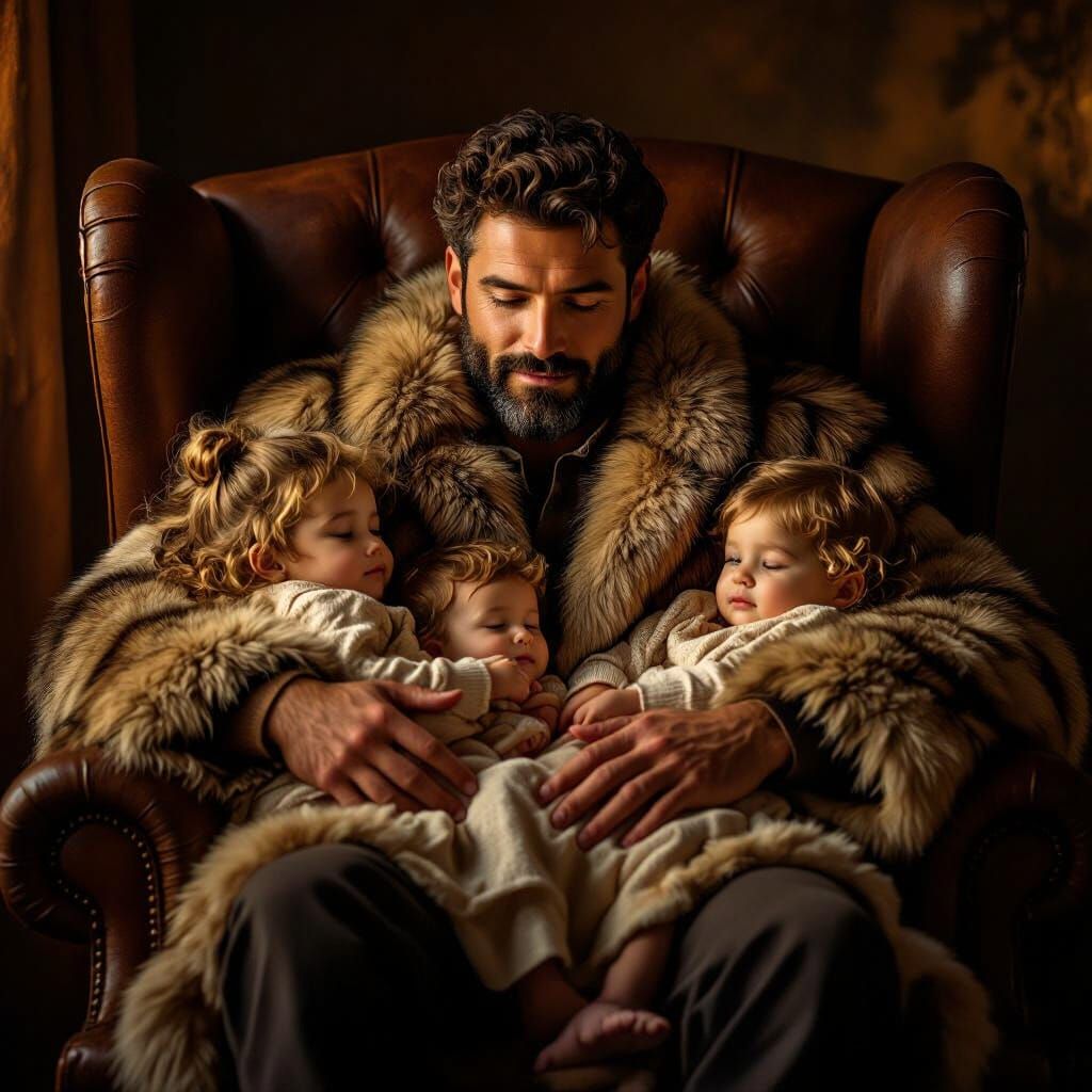 Protective Father Cradles Children in Golden Hour Light