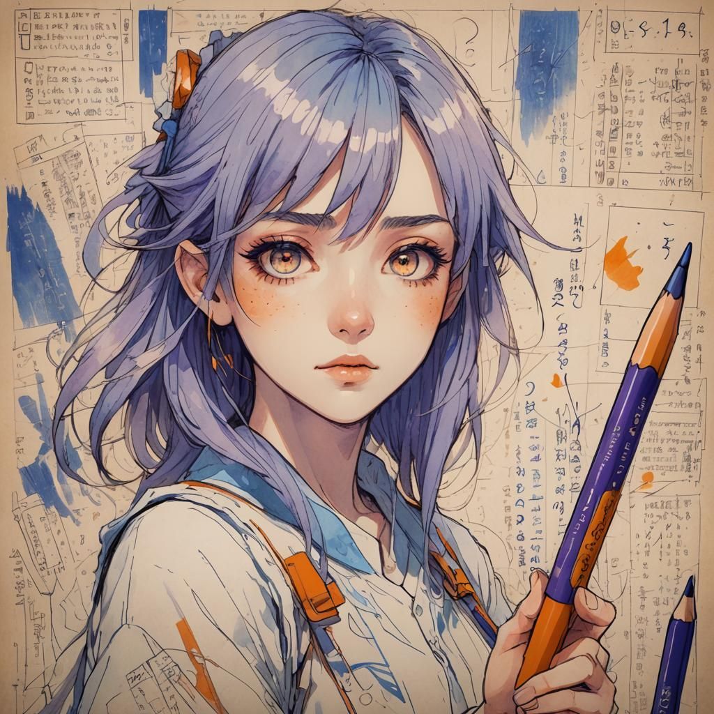 Manga Girl with Character Sheet, Digital Portrait