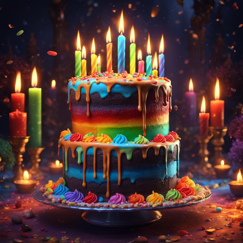 Rainbow Cake with Flickering Candles: Detailed Matte Paintin...