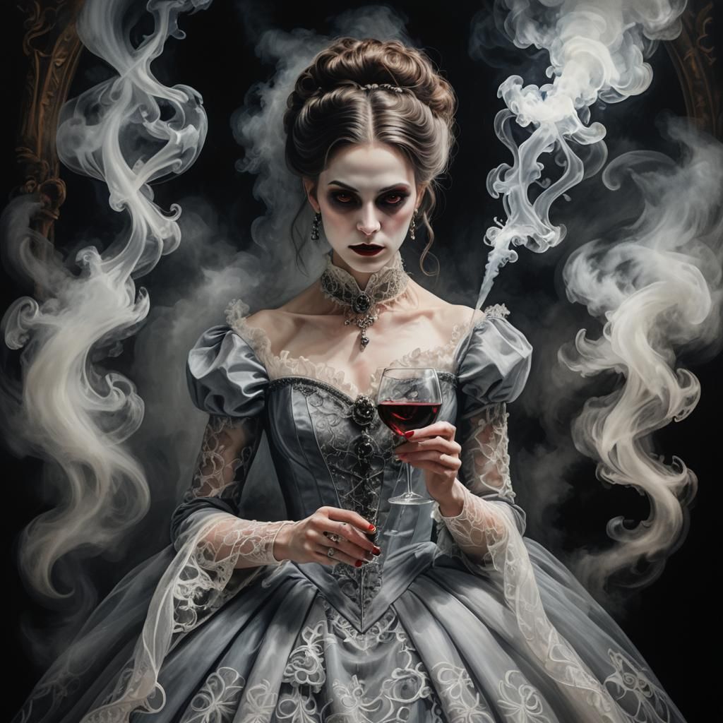 Ethereal Vampire in Gothic Gown: Chiaroscuro Oil Painting